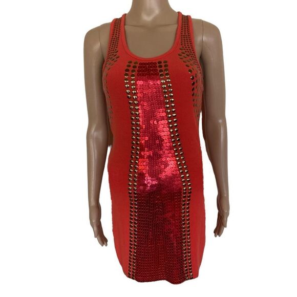 Countess Size M Red Orange Studs Sequins Party Club Wear Ribbed Sweater Dress - Picture 1 of 10
